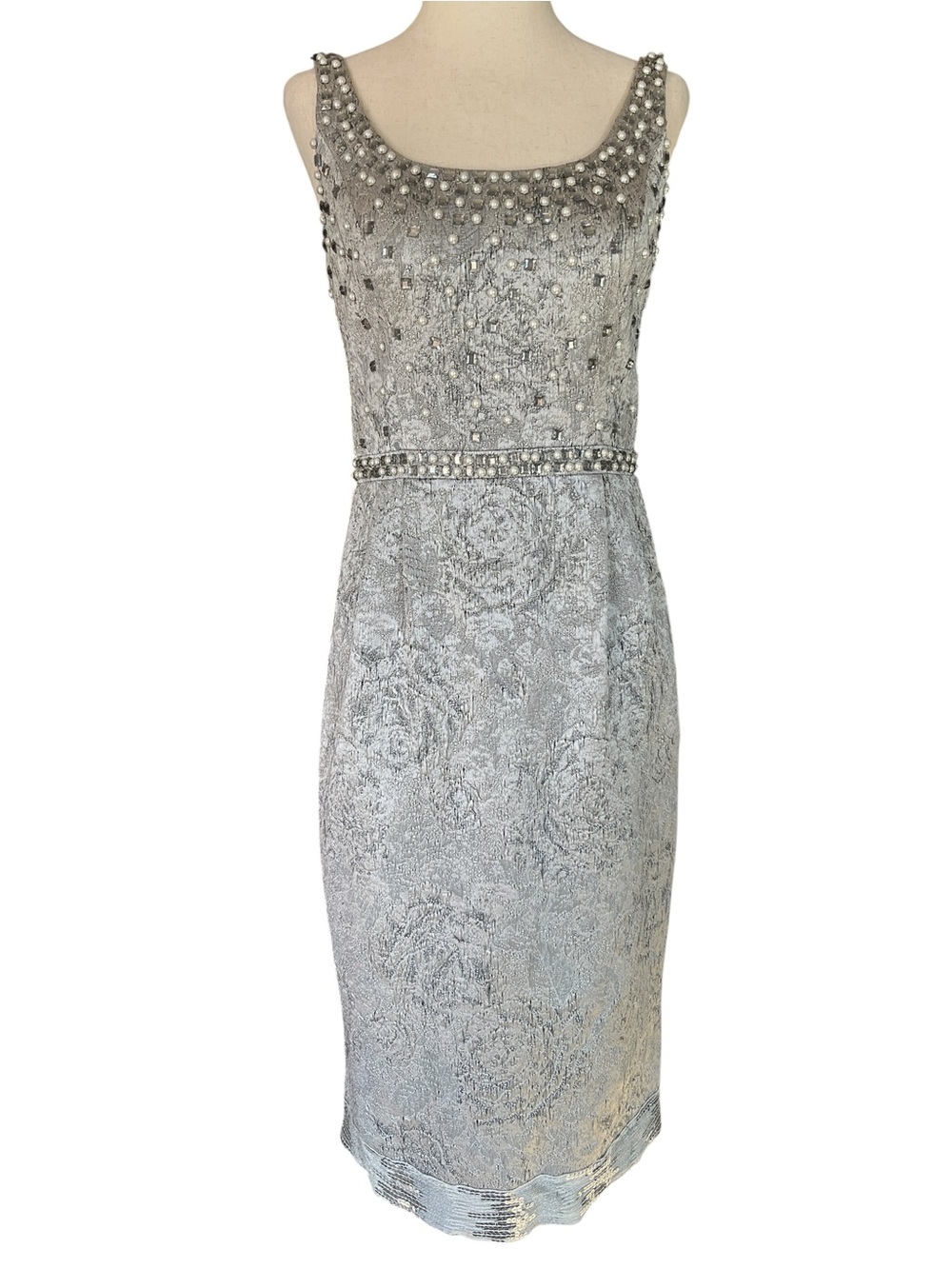 Carmen Marc Valvo Pearl & Rhinestone Beaded Jacquard Cocktail Sheath Dress